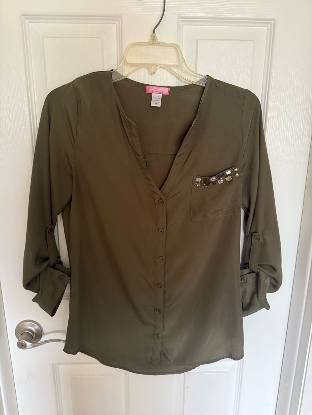 Women's Olive Green Button-Front Blouse with Jeweled Pocket